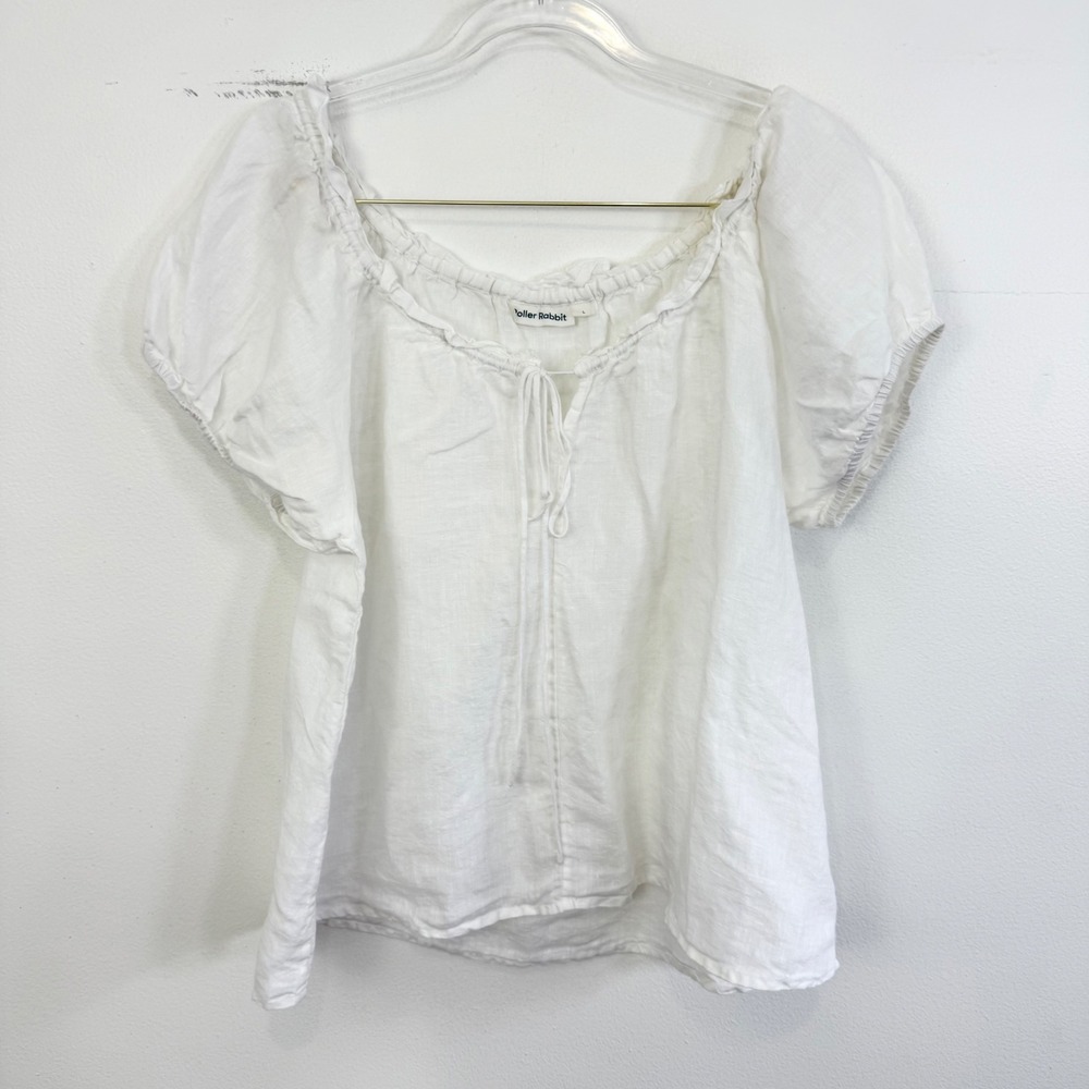 Roller Rabbit White Linen Puff Sleeve Peasant Blouse Large